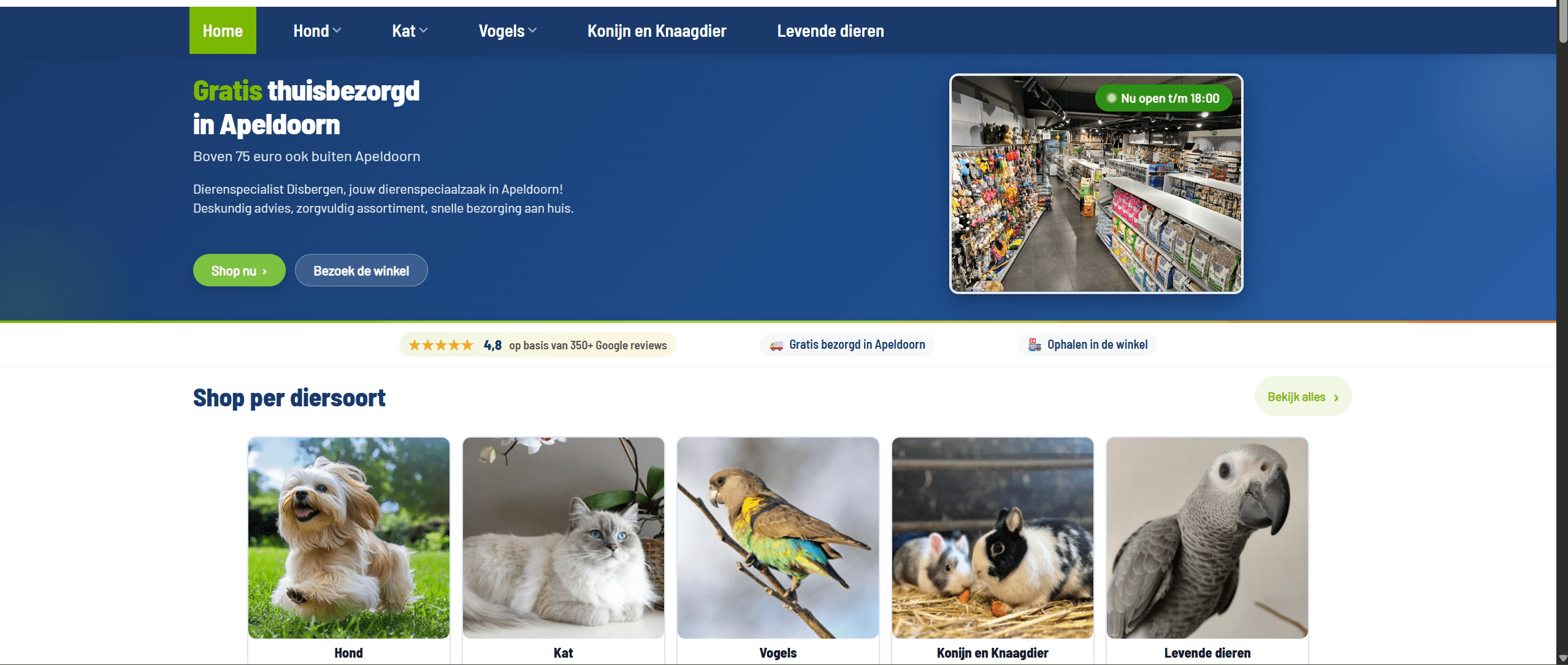 De opnieuw ontworpen homepage van Dierenspecialist Disbergen, ontworpen door Next Level Studio